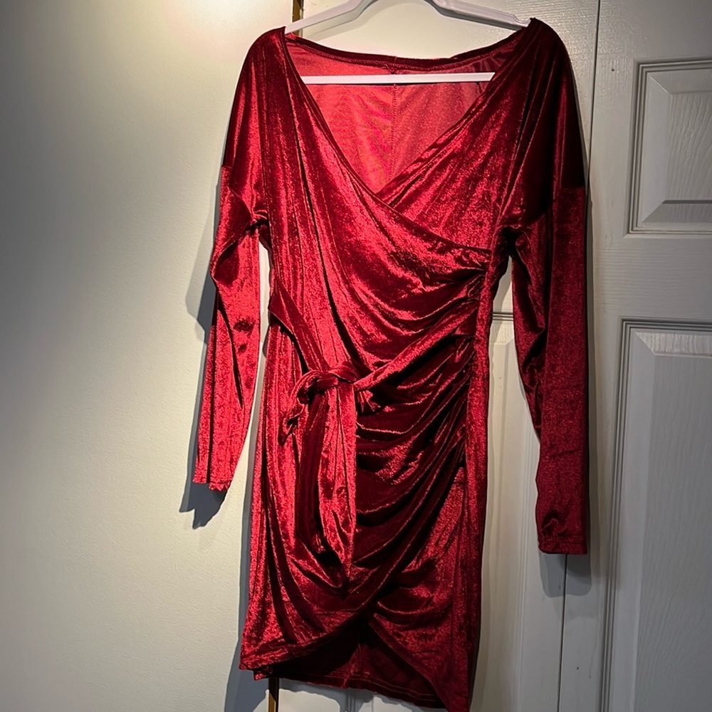 Red velvet mini dress.